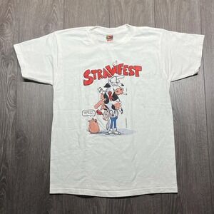 Vintage Strawfest 1990s Cow Cartoon Funny T Shirt Medium Graphic White Pig